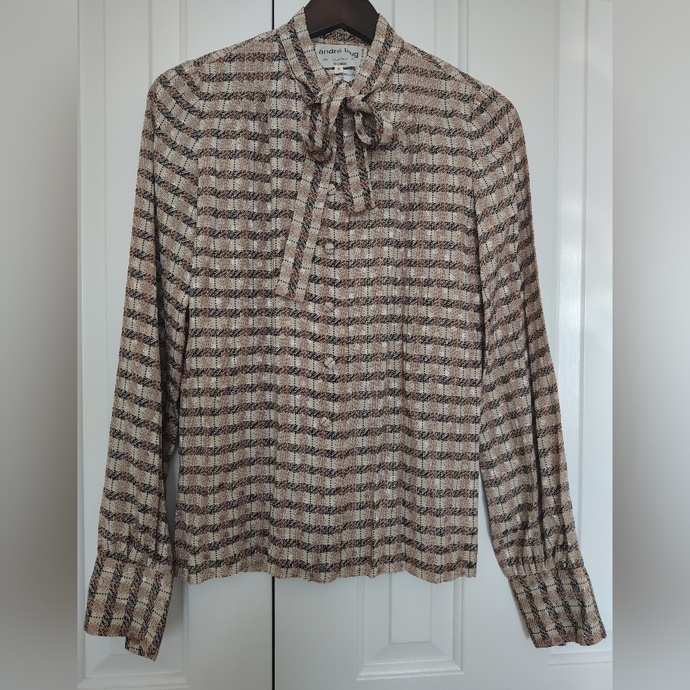 Vintage Saks Fifth Checkered Bow-Tie Blouse in Brown and Cream